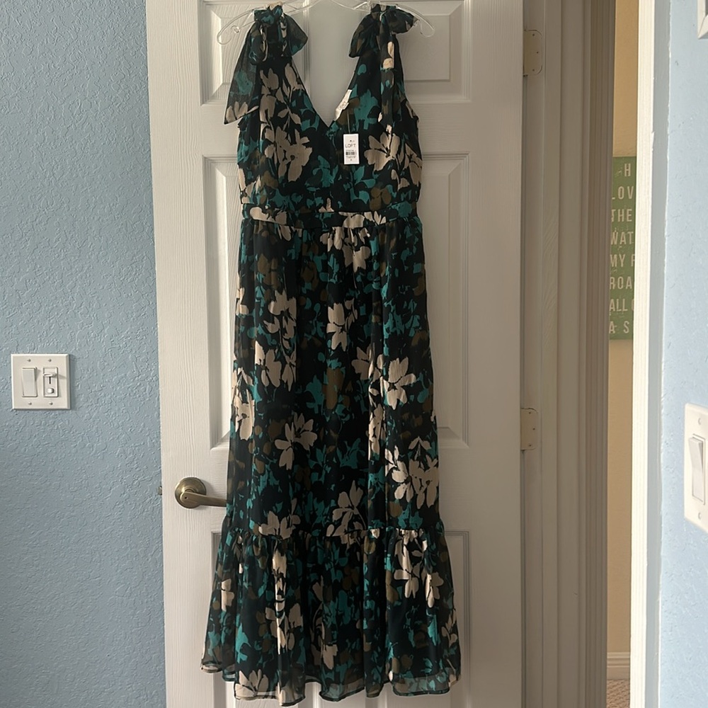 LOFT Teal Green and Beige Floral Dress Size 8 - Picture 2 of 5